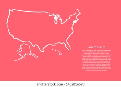 United States of America map from the contour pink coral color brush lines different thickness. Vector illustration.
