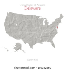 United States of America map and Delaware state territory on shabby paper texture