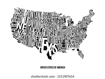 United States Of America map design poster isolated on white. Vector illustration. Lettering state names on monochrome flat graphic. Abstract north territory art print with text and tagline.