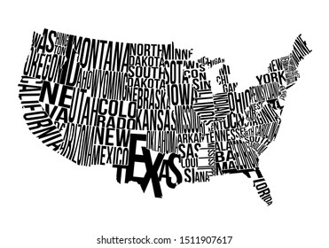 United States Of America map design poster isolated on white. Vector illustration. State lettering names on monochrome flat graphic. Abstract USA territory art print with text, type and letters.