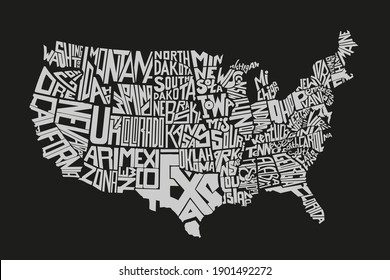 United States Of America map design isolated on black. Vector illustration. State lettering names flat graphic poster. Abstract USA territory art print with text, type and letters.