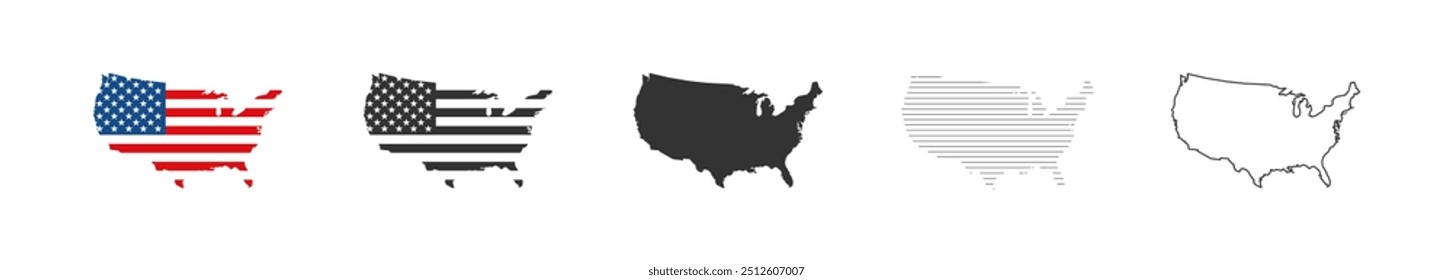 Estados Unidos de América, mapa en diferentes estilos. Conjunto de símbolos y mapas de la bandera estadounidense. Vector aislado ilustración