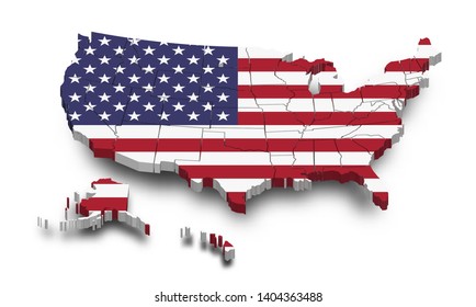 United States Of America Map And Flag . 3D Shape Design . Independence Day Of USA Concept . Perspective View . Vector .