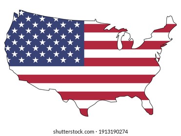 United States Of America Map With Flag - Outline Of American State With A National Flag, White Background, Vector