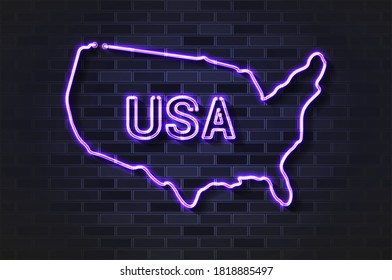 Mapa de los Estados Unidos de América de luz de neón brillante o tubo de vidrio. Ilustración vectorial realista. Muro de ladrillo negro, sombra suave.