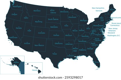 United States of America map high detailed with administrative divide by state, capital cities names, outline simplicity style. Vector illustration EPS10.