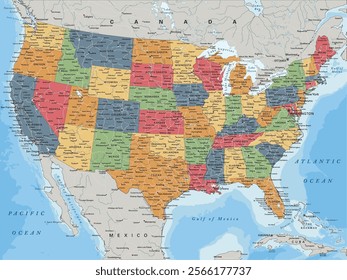 United States of America Map. Highly detailed, editable with clearly labeled, separated layers. Vector illustration.