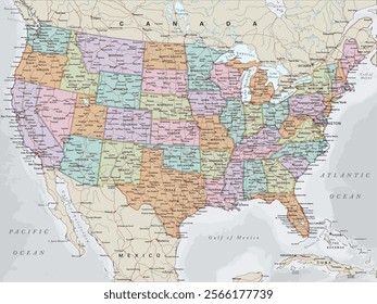 United States of America Map. Highly detailed, editable with clearly labeled, separated layers. Vector illustration.