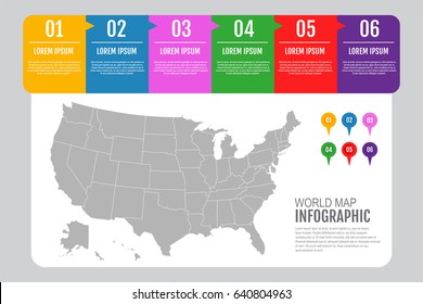 United States of America map infographics template with markers and diagram. Vector illustration, flat design.