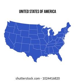 United States Of America map isolated on white background. USA vector illustration. Blue color territory print. Country poster with states for travel materials.