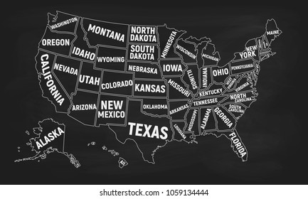 United States of America map isolated on a chalkboard. Poster map of USA with state. Vintage American background. Vector illustration