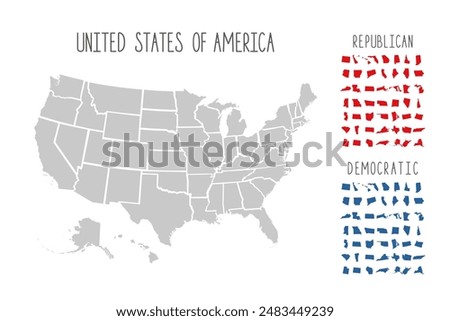 United States of America map with states isolated on a white background. USA Election map.