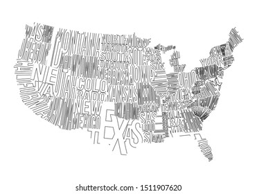 United States Of America map linear design poster isolated on white. Vector illustration. State lettering names on monochrome graphic. Abstract USA territory art print with text, type and letters.