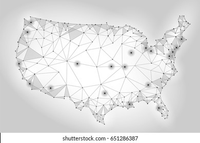 United States of America map low poly style. Connected dots communication mesh wire point line white gray abstract background vector triangle illustration art