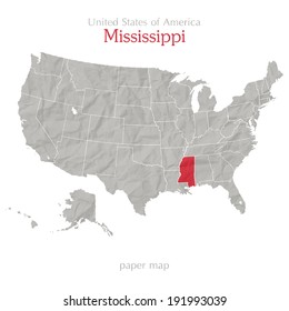 United States of America map and Mississippi territory on textured paper