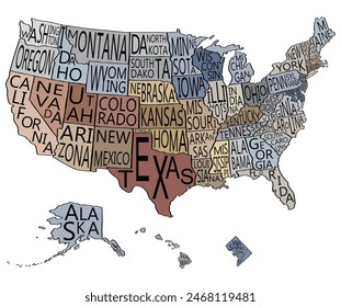 United States of America map with state's name doodle freehand drawing. Vector illustration.