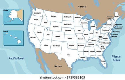 United States of America map with states names illustration