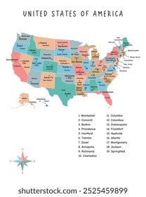 United States of America map with names of states and cities and infographic of provinces, political maps of United States of America - Vector File