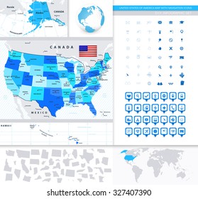 United States Of America Map with Navigation Icons. Large graphic vector set.