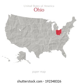 United States of America map and Ohio state territory on textured paper