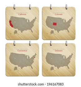 United States of America map on wooden badges