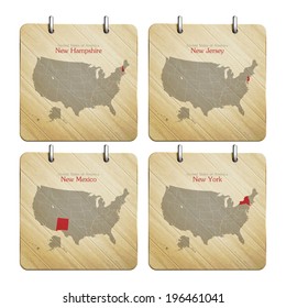 United States of America map on wooden icons