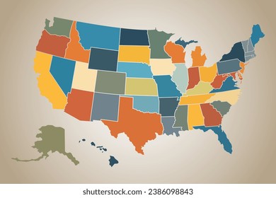 United States of America map with states in pastel palette on vintage background