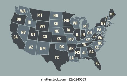 United States of America map with short state names. USA poster map. Vintage USA background. Vector illustration