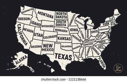 United States Of America Map With State Names. Vintage USA Map. Grunge Texture. American Background. Vector Illustration