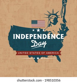 United states of America Map with Statue of Liberty on grungy brown background for American Independence Day celebrations. 