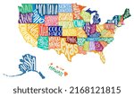 United States of America map with text state names. USA MAP. Flat hand drawn black and white vector illustration. Design USA typography map with states text. American map for poster, banner, t-shirt.