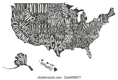 United States of America map with text state names. USA MAP. Flat hand drawn black and white vector illustration. Design USA typography map with states text. American map for poster, banner, t-shirt.