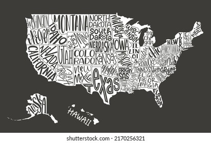 Carta de nombres de estado del mapa de Estados Unidos de América. Mapa de EEUU. Ilustración vectorial en un fondo blanco. Diseño de viajes tipografía de EE.UU. con estados. Mapa de silueta estadounidense para afiche, camiseta.