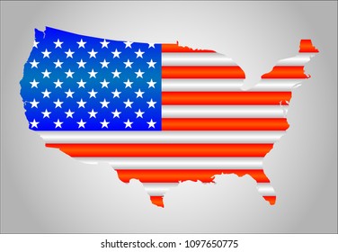 United States of America. Map of USA with the national flag inside. Symbol, poster, banner USA. Design element for print, wallpaper or websites.