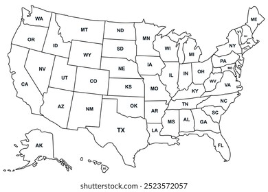 Mapa dos Estados Unidos da América. Mapa dos EUA com nomes de estados e estados. Mapa de EUA com abreviações de estado