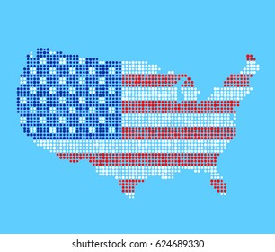 United States of America map vector illustration in USA flag colors. Stylized dotted pattern on blue background.