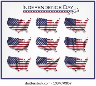United states of america map and waving flag set . Independence day of USA ( 4th July ) concept . Element vector .