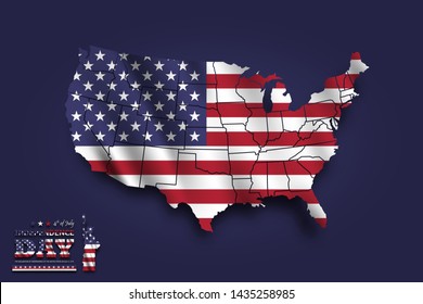 United states of america map and waving flag . 4th of July independence day concept . blue background . Vector .