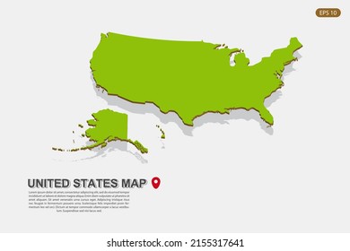 United States of America Map - World map International vector template with isometric style including shadow, green and brown color isolated on white background for design - Vector illustration eps 10