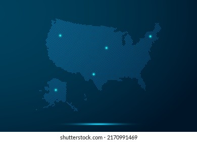 Mapa de los Estados Unidos de América - Plantilla vectorial del Mapa Mundial con puntos, rejilla, grueso, estilo y luz de semitono, línea de red, esfera de diseño sobre fondo de tecnología azul - Ilustración vectorial eps 10