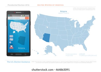 United States of America maps and Arizona state territory. vector USA political map. US election assistance app for smart phone