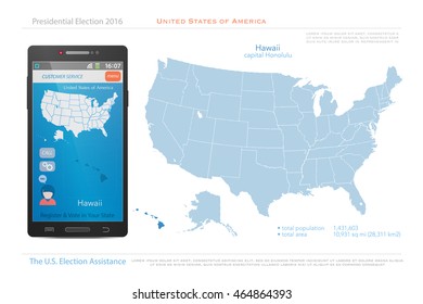 United States of America maps and Hawaii state territory. vector USA political map. US election assistance app for smart phone. technology banner