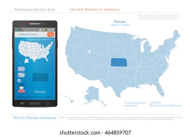 United States of America maps and Kansas state territory. vector USA political map. US election assistance app for smart phone. technology banner