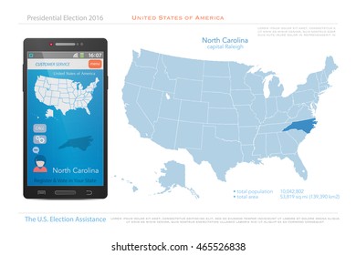 United States of America maps and North Carolina state territory. vector USA political map. US election assistance app for smart phone. technology banner