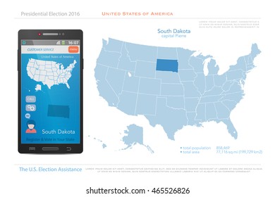 United States of America maps and South Dakota state territory. vector USA political map. US election assistance app for smart phone. technology banner