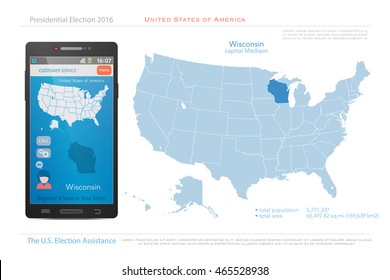 United States of America maps and Wisconsin state territory. vector USA political map. US election assistance app for smart phone. technology banner