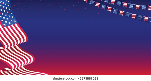 Die Vereinigten Staaten von Amerika moderne Leere, Leere, Kopienraum, Banner, Hintergrund, Vorlage mit einer schwenkbaren Flagge und bunte Dekoration. Vektorgrafik. 
