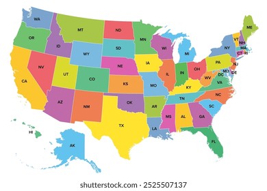 The United States of America, multi colored political map with the silhouettes of 50 states and postal abbreviations, and with the federal District of Columbia, as it is used for statistics. Vector.