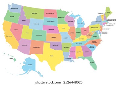 The United States of America, multi colored political map with the silhouettes of 50 states and their names, and with the federal District of Columbia, as such a map is used for statistics. Vector.