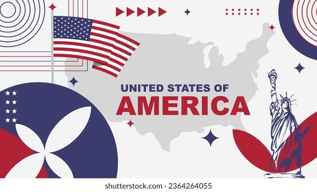 United States of america national Holiday or American Independence Day, Design Background banner with statue of liberty, map and American flag in modern retro style